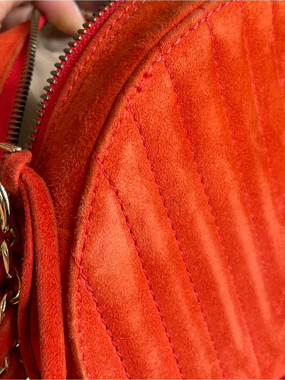BCBG MaxAzria Orange Faux Suede Quilted Chevron Round Crossbody - Picture 15 of 16